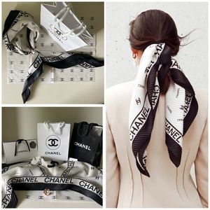 CHANEL - Pleated Logo Signature Silk Scarf + Bag